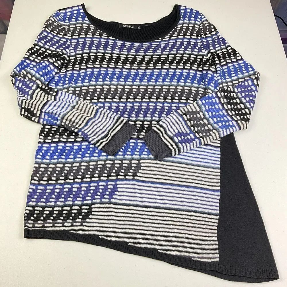 Nic + Zoe Scoop Neck Sweater Striped Long Sleeve Asymmetric Hem Pullover Medium